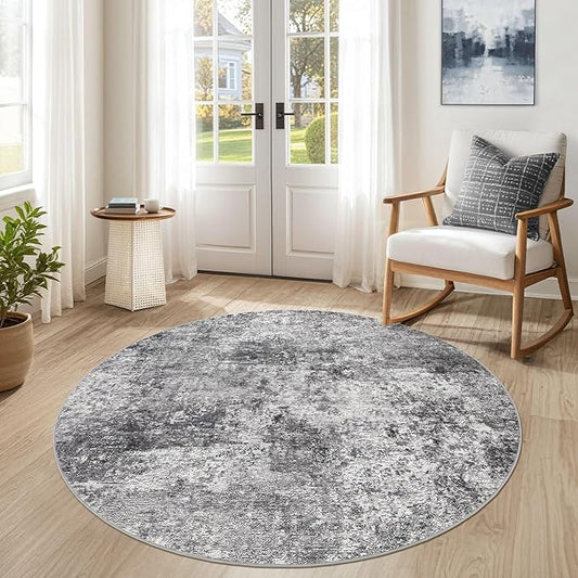 5ft Round Area Rug Living Room Rugs - 5x5 Washable Large Soft Indoor Neutral Modern Abstract Low Pile Rug Carpet for Bedroom Dining Room Farmhouse Home Office - Grey