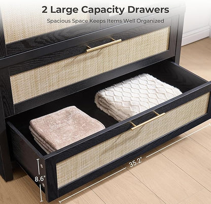SICOTAS Armoire Wardrobe Closet, Larger Rattan Armoires Wardrobe Cabinet with 2 Large Drawers & Hanging Rod, Tall Closet Storage Cabinet for Cloak Room, Bedroom, Black Oak (3 Pieces)