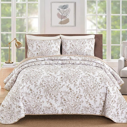 WONGS BEDDING California King Quilt Sets, Brown Quilt Bedding Set with 2 Pillowcases, Botanical Quilt for Cal King Bed, Soft Microfiber Lightweight Coverlet Bedspread for All Season (112"×96")