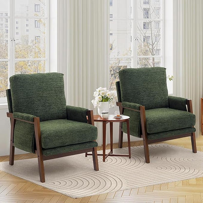 Green Accent Chairs for Living Room Set of 2, Modern Arm Chairs for Bedroom, Wooden Upholstered Mid Century Accent Chairs, Fabric