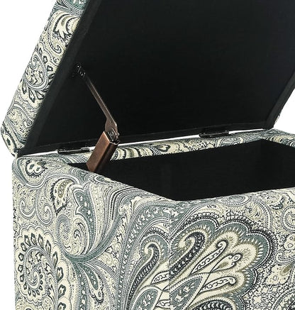 Adeco 18 Inch High Cube Ottoman Storage, Paisley Linen Chair Foot Stools, Upholstered Vanity Stool with Hinged Lid, Solid Wood Legs