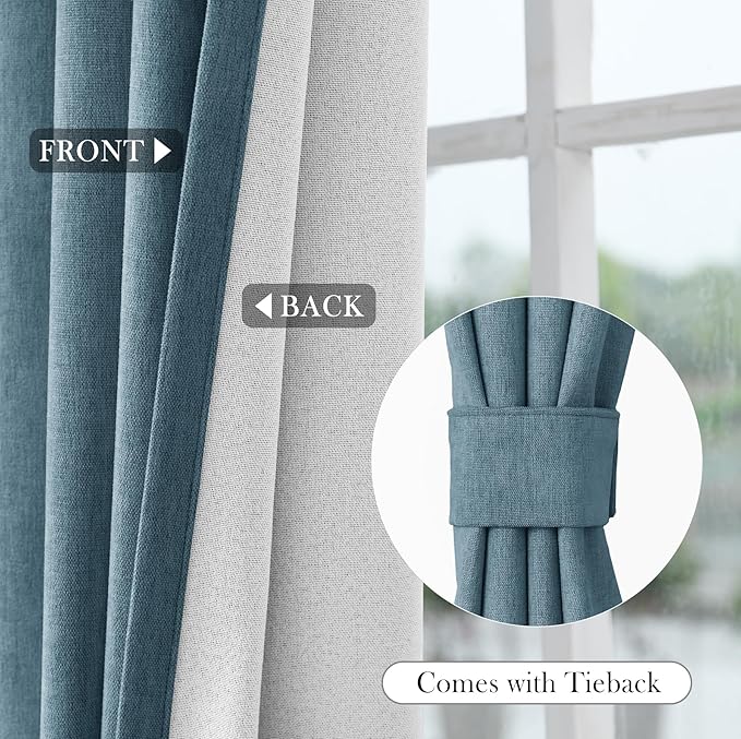 Macochico 100% Blackout Chenille Curtains 96 Inches Long for Hotel Nursery Noise Reducing Thermal Curtains for Bedroom Living Room Grommet Teal Blue Curtains with Tieback 52" Wx96 L Classic 1 Panel