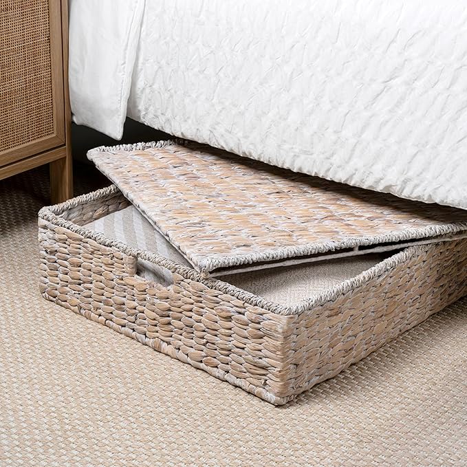 happimess BSK2015D Holden 30" Classic Costal Hand-Woven Hyacinth Wicker Under Bed Storage Basket with for Storage and Decoration in Bathroom, Bedroom, Closet, Entryway, White Wash