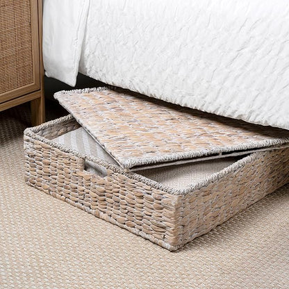 happimess BSK2015D Holden 30" Classic Costal Hand-Woven Hyacinth Wicker Under Bed Storage Basket with for Storage and Decoration in Bathroom, Bedroom, Closet, Entryway, White Wash