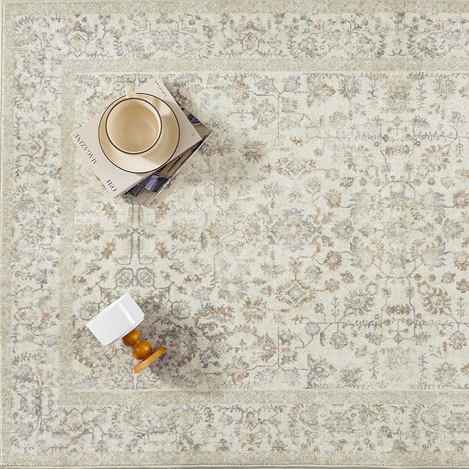 2x6 Taupe Runner Rug Hallway Non Slip Kitchen Vintage Distressed Long Carpet Indoor Machine Washable Retro Floral Bedroom Accent Throw Rug for Office Laundry Bathroom Dining Living Room