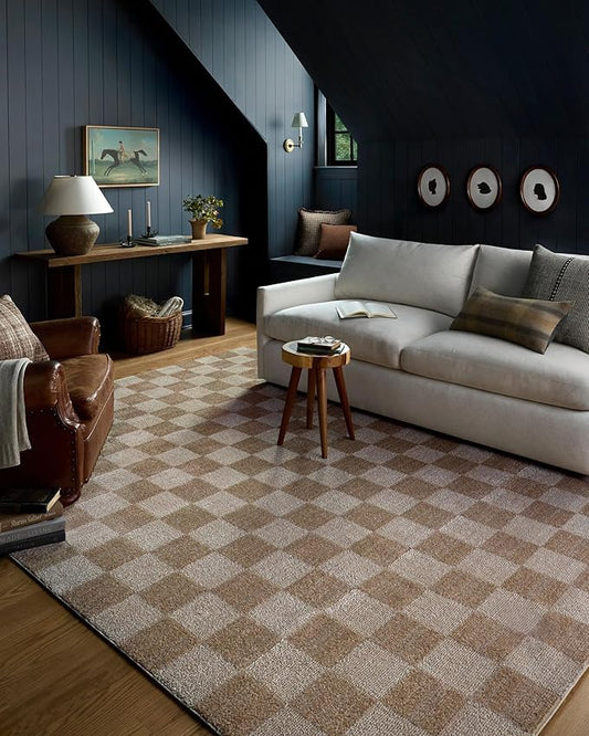 Loloi Chris Loves Julia Calvin Collection CLV-01 Pebble/Ivory 7'-10" x 7'-10" Round Area Rug Checkered Neutral Soft Living Room Bedroom Carpet