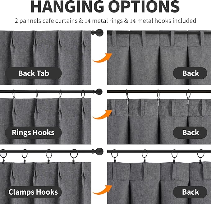 WdFour 42x36 Inch Pinch Pleated Blackout Cafe Curtains - Pack of 2, 100% Light Blocking Back Tab Drapes for Half Windows, Kitchen & Bathroom Short Curtains in Dark Gray
