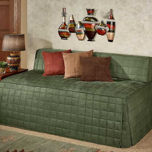 Camden Luxury Bedding | Warm Deep Sage Green Color | Fitted Hollywood Daybed Bedding | Faux Suede Box Quilted Design | 5 Piece Set Includes Hollywood Cover, 2 Bolster Shams, and 2 Bolster Pillows