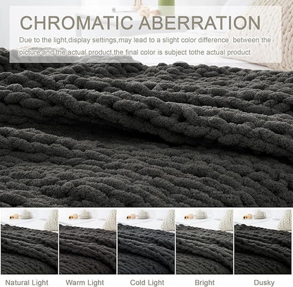 Chunky Knit Throw Blanket 60"X 80", 100% Handmade with Soft Chenille Yarn, 6.7lbs Thick Cable Knitted Blankets, Large Rope Knot Crochet Throws for Couch Sofa Bed Home Decor, Dark Grey