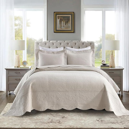 MarCielo 3-Piece 100% Cotton Oversized Bedspread Lightweight Quilt Coverlet Embroidery Farmhouse Bedding Set (TG Yellowish Beige, Oversized King (118"x106"))
