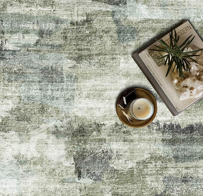 8x10 Area Rugs for Living Room, Non-Slip Backing Washable Rug 8x10, Large Area Rug Soft Carpet for Bedroom Dining Room, Modern Abstract, Easy Clean, Durable, Low Pile Rug Under Table, Green