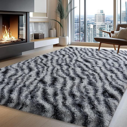 8x10 Large Area Rugs for Living Room, Soft Black White Zebra Big Shag Rug for Bedroom Nursery Kids Room Dorm, Non-Slip Modern Fluffy Plush Carpet for Home Decor