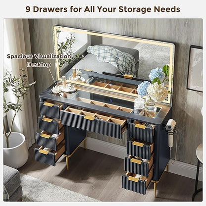 T4TREAM 48" Fluted Makeup Vanity Desk with 48" Large Mirror and HD LED Lights, Modern Vanity Table with Charging Station, Glass Top and Golden Handles Dressing Table for Bedroom,Dark Grey