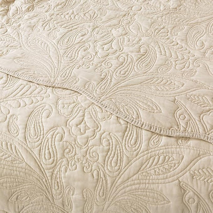 HoneiLife Quilt Set Queen Size - 3 Piece Embroidered Microfiber Bedspread Reversible Coverlet Lightweight Bedcover Paisley Pattern Bedding Set All Season Quilts-Khaki