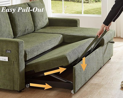 Vipbear 80" Sectional Sleeper Sofa Bed with Pull Out Bed, L Shaped Couch Pull Out Couch with Reclining Backrest, Reversible Storage Chaise, USB Ports, Tool-Free Assembly, Corduroy Olive Green