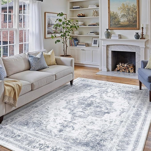 Washable Rug 8x10 Area Rug for Living Room Blue Vintage Boho Medallion Large Distressed Retro Carpet Non Slip Indoor Low Pile Small Soft Bedroom Dining Room Home Office