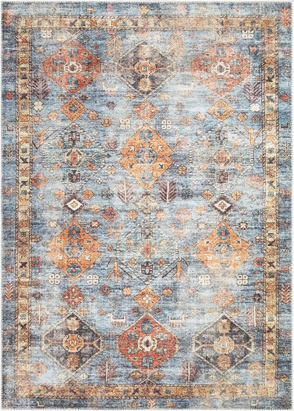 Bloom Rugs Washable Non-Slip 10x14 Rug - Blue/Orange Traditional Bordered Area Rug for Living Room, Bedroom, Dining Room, and Kitchen - Exact Size: 10' x 14'