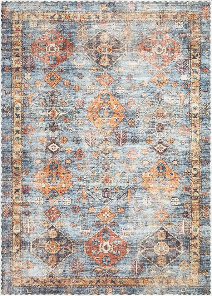 Bloom Rugs Washable Non-Slip 2' x 3' Rug - Blue/Orange Traditional Bordered Area Rug for Living Room, Bedroom, Dining Room, and Kitchen - Exact Size: 2' x 3'