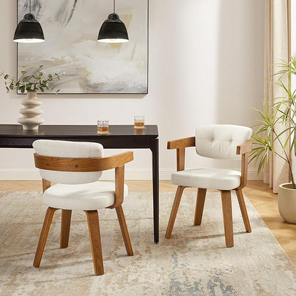 Art Leon Office Chair No Wheels - Mid Century Modern Desk Chair, Fabric Upholstered Accent Arm Chair with Wood Legs for Small Spaces Home Office Living Room Bedroom Study, Off White/Walnut