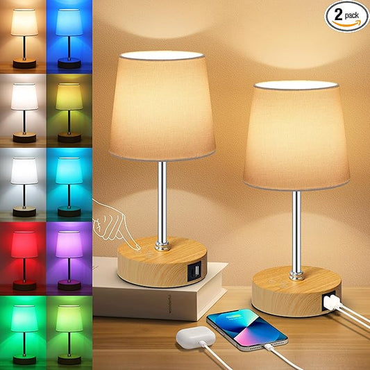 Ascher Small Bedside Table lamp Set of 2, RGB Color Changing Lamps, 3 Color Temperatures, Stepless Dimmable, Nightstand Lamp with USB C+A Ports for Bedroom Living Room, (White Shade, Wood Grain Base)
