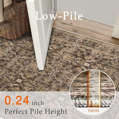 5x7 Area Rugs - Ultra-Thin Washable Rug with Non-Slip Backing, Ideal for Living Room, Bedroom, Dining Room Indoor - Vintage Floral, Easy Clean, Durable, Low Pile Rug Black