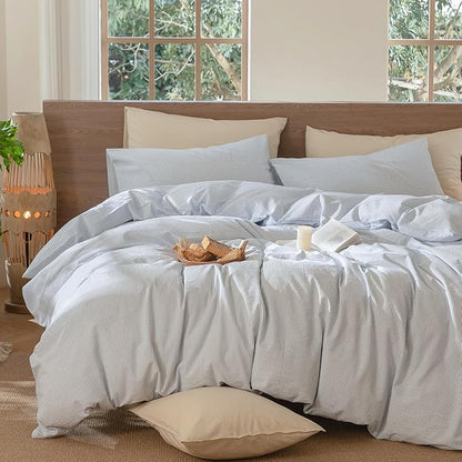 MooMee Striped Duvet Cover Set 100% Washed Cotton Linen Like Textured Breathable Durable Soft Comfy (Cornflower Blue White Pinstripes, Queen 90"x90")