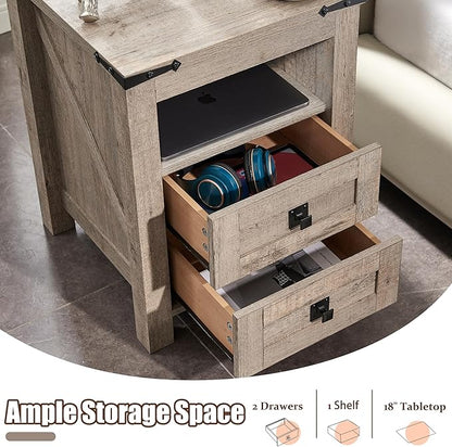 T4TREAM Farmhouse Nightstand Set of 2 with Charging Station, Rustic End Table with 2 Drawers, Storage Open Shelf for Bedroom, Living Room, Wood Side Table, Light Rustic Oak