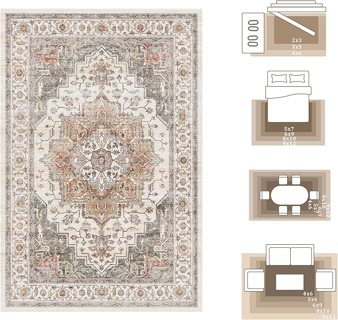 8x10 Area Rugs for Living Room Ultra-Soft Washable Rug Vintage Distressed Boho Area Rug, Non-Slip Low Pile Stain Resistant Carpet for Bedroom Dining Room Kitchen Office