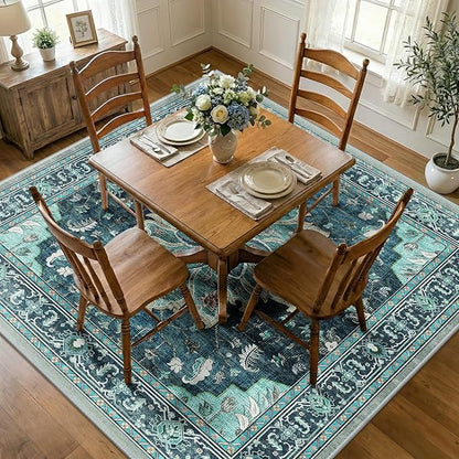 Area Rugs Square 7ft Washable Non-Slip, Floral Vintage Distress Print Pattern Medallion Carpet for Living Room Bedroom Dining Room, Teal Green Lake Blue Turquoise