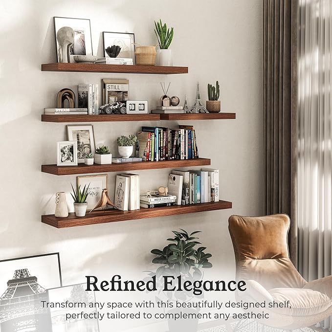 Floating Shelves for Wall, 9.3" Deep Wall Mounted Wood Shelves for Bathroom, Bedroom, Living Room, Kitchen, Hanging Shelf for Books/Storage/Room Decor (Walnut, 30")