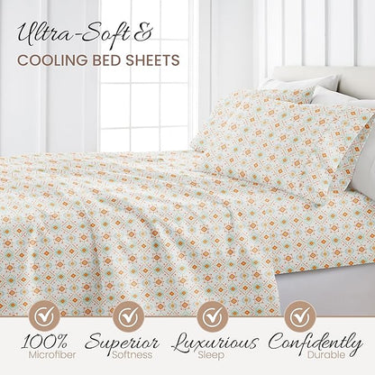 Linen Market Double-Brushed Patterned Microfiber Full Sheet Set 4 Piece – Oeko-TEX Certified Ultra Soft & Wrinkle-Free - 16" Deep Pocket Sheets - Easy Care Full Size - Aztec Dreams Coral