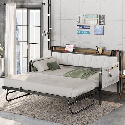 LIKIMIO Daybed with Trundle Bed, Twin Bed Frame with Storage Headboard and Charging Station, Sofa Day Bed with Strong Supports for Living Room, Bedroom, and Guest Room, Beige