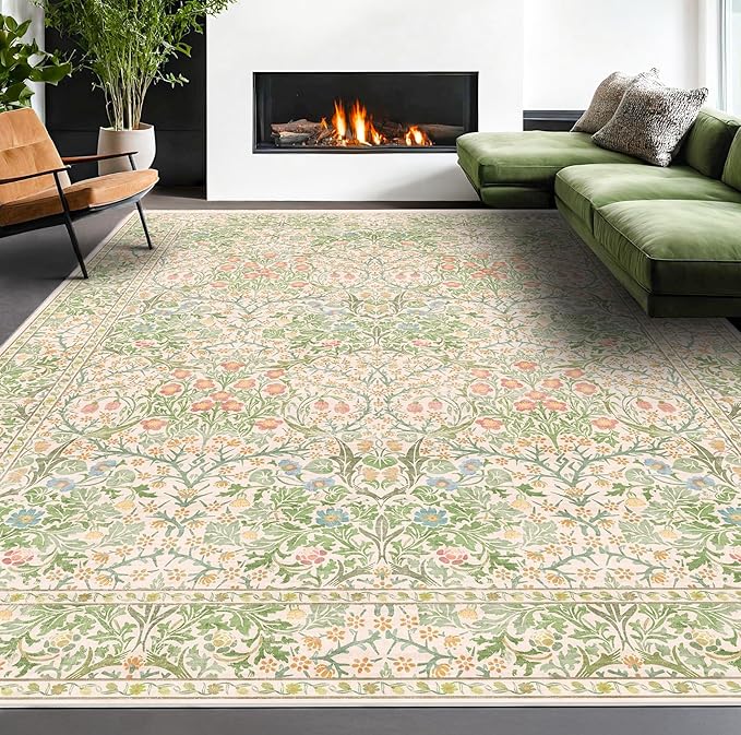 Light Beige Green Botanical Living Room Rug, 7x10 Washable Area Rug for Kids Room, Bedroom, Nursery Room, Living Room, Dining Room, Low Pile Non-Slip - Vintage Design & Fade Resistance