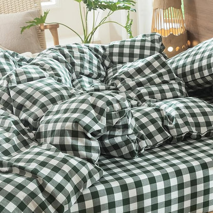 MooMee Gingham Duvet Cover Set 100% Washed Cotton Linen Like Textured Breathable Durable Soft Comfy Modern Checkered Design (Buffalo Plaid Forest Green, Palatial King/Oversized King 120"x98")