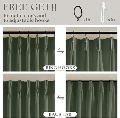 80 Inches Long Olive Green Linen Curtains for Living Room Pinch Pleat Hooks for Living Room Back Tab Thick Linen Textured Pleated Drapes Light Filtering Loden Bedroom Window Curtains 80 Inch Length