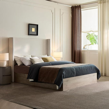 Queen Size Upholstered Bed Frame, 54" Tall Headboard Shelton Wingback Bed Frames, Wood Base Platform Beds, No Box Spring Needed No Noise, Rustic Modern Farmhouse,Textured Ivory Canvas Chenille