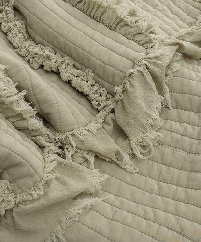 Ultra Soft Pre-Washed Quilted Throw Blanket, Ruffle Fringed Olive Green Decorative Throw, Sage Green Stone Washed Chic Rustic Blanket for Sofa Couch Bed, 50"x 60"