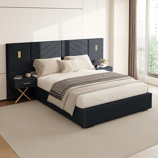 DEINPPA Luxury Queen Bed Frame with Built-in Gold LED Lights and Nightstands, Queen Size Platform Bed with Oversize Upholstered Headboard, No Box Spring Needed-Gunmetal Black