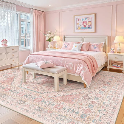 zesthome 8x10 Area Rugs for Girls Bedroom, Non-Slip Backing Washable Rugs, Vintage Large Pink Rug, Stain Resistant Nursery Room Rug (Pink/Blue,8'x10')
