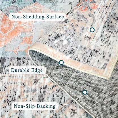 4x6 Rug, Small Area Rug for Living Room, Bedroom, Kitchen, Machine Washable Non-Slip Throw Rug, Vintage Distressed Floral Carpet for Entryway Nursery Dinner Room, Orange