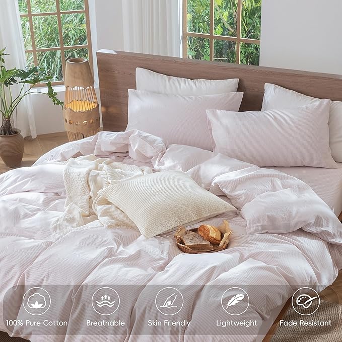 MooMee Striped Duvet Cover Set 100% Washed Cotton Linen Like Textured Breathable Durable Soft Comfy (Heathered Greyish Pink Pinstripes, Oversized Full 82"x86")