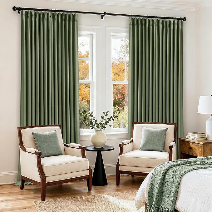 Loden 105 Inch Long Blackout Curtains Olive Green Thick Linen Pinch Pleated Curtains 2 Panels for Bedroom Living Room Darkening Light Blocking Pinch Pleat Back Tab 105 Inch Window Drapes Olive Green