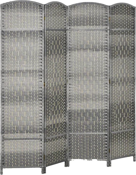 HOMCOM 4 Panel Room Divider, 6' Tall Folding Privacy Screen, Hand-Woven Freestanding Wood Partition for Home Office, Bedroom, Mixed Gray