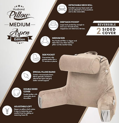 Husband Pillow Medium Aspen Edition Cowboy Taupe, Sit Up Reading & Bed Rest with Arms, Ultra-Comfy, Detach Neck Roll - Premium Shredded Memory Foam Backrest, Reverses to Micro: Suede or Plush