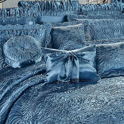 Touch of Class Portia Luxury Bedding | Sapphire Blue | Quilted Polyester Satin | Hand Guided Machine Quilted Scroll Design 7 Piece Set: Cal King Oversized Bedspread, 2 King Shams, 4 Pillows