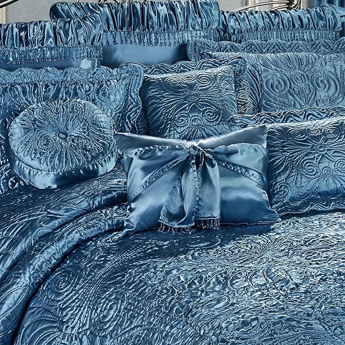 Portia Luxury Bedding | Sapphire | Quilted Polyester Satin | Hand Guided Machine Quilted Scroll Design | 11 Piece Set With King Bedspread, 2 King Shams, 2 Euro Shams, 2 Euro Pillows, 4 Pillows