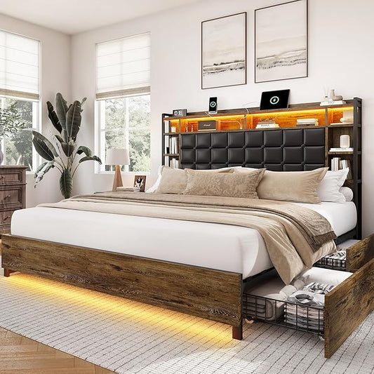 LARMACE King Size Bed Frame with 4 Storage Drawers and Bookcase Headboard, Faux Leather Upholstered, Wooden Platform Bed Frame with Charging Station and LED Lights, No Box Spring Needed, Brown