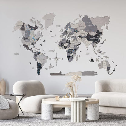 Handmade 3D Wood World Map Wall Art Large Wall Decor Track Your World Travels - Special for Home, Kitchen and Office (Large, Nordik)