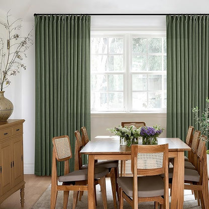 Pleated Linen Olive Green Curtains 102 Inches Long 2 Panels Set for Living Room Bedroom Neutral Farmhouse Cotton Linen Blend Back Tab Memory Shape Pinch Pleat Ceiling Floor 102 Inch Window Curtain