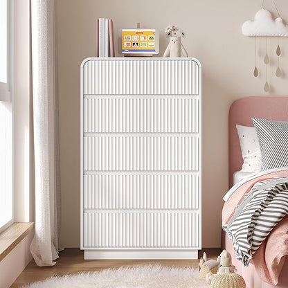 Tall Dresser for Bedroom with 5 Drawers, Fluted Chest of Drawers with Round Curved Corner, Hidden Handles, Modern Wood Storage Organizer for Bedroom, Nursery, Living Room